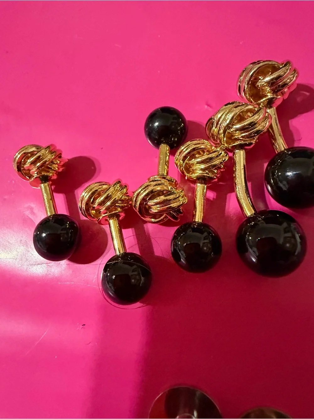3 Sets (Lg & 2 Sm) Gold Tone Love Knot/Black Onyx Ball Cuff Links Saks Fifth Ave